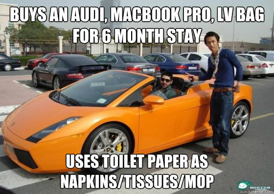 buys an audi, macbook pro, LV BAG for 6 month stay uses toilet paper as napkins/tissues/mop  Scumbag International Student