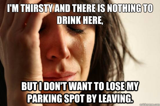 I'm thirsty and there is nothing to drink here, but I don't want to lose my parking spot by leaving.  First World Problems