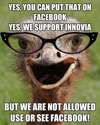 Yes, you can put that on facebook
Yes, we support innovia  But we are not allowed use or see facebook! - Yes, you can put that on facebook
Yes, we support innovia  But we are not allowed use or see facebook!  Judgmental Bookseller Ostrich