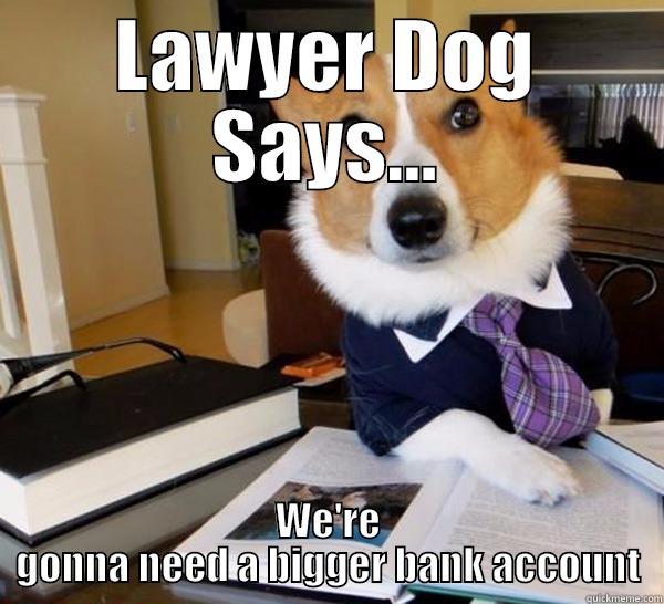 LAWYER DOG SAYS... WE'RE GONNA NEED A BIGGER BANK ACCOUNT Lawyer Dog