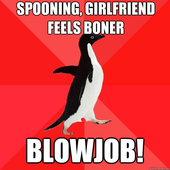 Spooning, girlfriend feels boner blowjob!  Socially Awesome Penguin