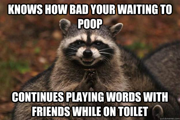 knows how bad your waiting to poop continues playing words with friends while on toilet  Evil Plotting Raccoon