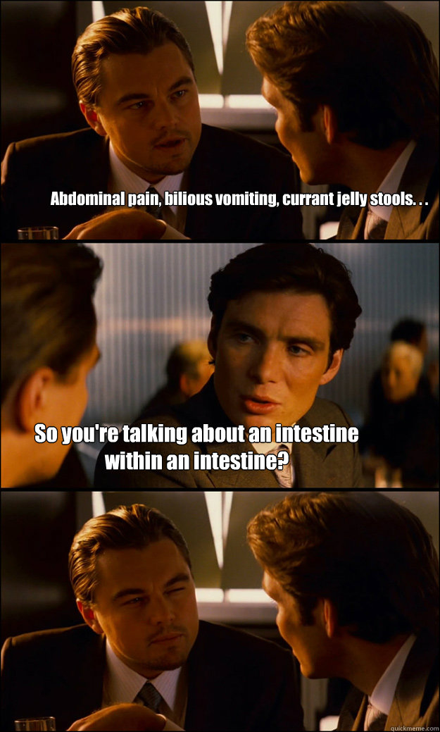 Abdominal pain, bilious vomiting, currant jelly stools. . . So you're talking about an intestine within an intestine? - Abdominal pain, bilious vomiting, currant jelly stools. . . So you're talking about an intestine within an intestine?  Inception