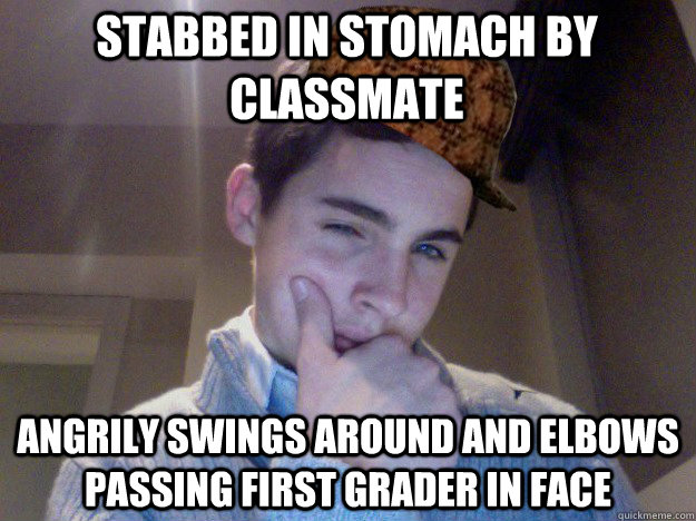 Stabbed in stomach by classmate angrily swings around and elbows passing first grader in face  