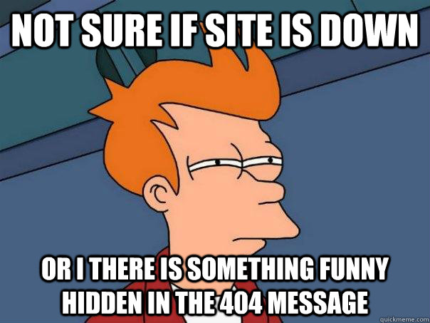 Not sure if site is down Or I there is something funny hidden in the 404 message  Futurama Fry