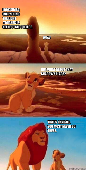 look simba,
everything 
the light
 touches is 
Keene State College. WOW But what about that shadowy place? That's Randall,
you must never go
there.  simba mufasa meme