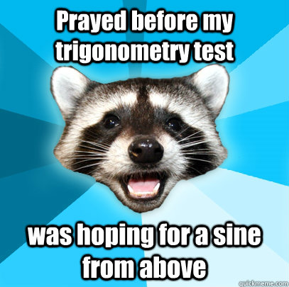 Prayed before my trigonometry test was hoping for a sine from above - Prayed before my trigonometry test was hoping for a sine from above  Lame Pun Coon