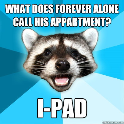 what does forever alone call his appartment? i-pad  Lame Pun Coon