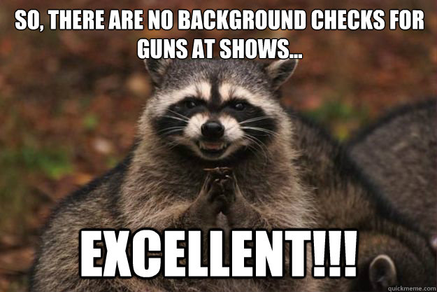 So, there are no background checks for guns at shows... EXCELLENT!!!  Evil Plotting Raccoon