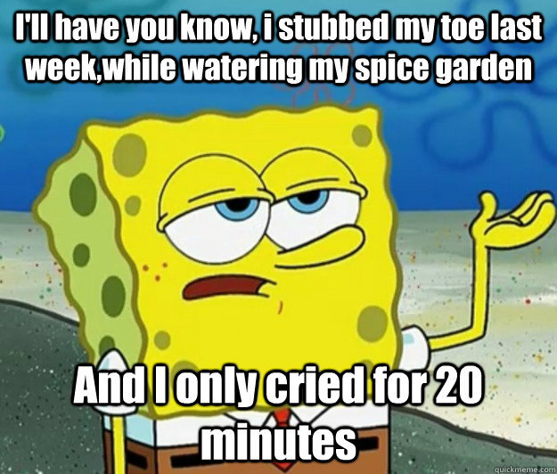 I'll have you know, i stubbed my toe last week,while watering my spice garden And I only cried for 20 minutes - I'll have you know, i stubbed my toe last week,while watering my spice garden And I only cried for 20 minutes  How tough am I