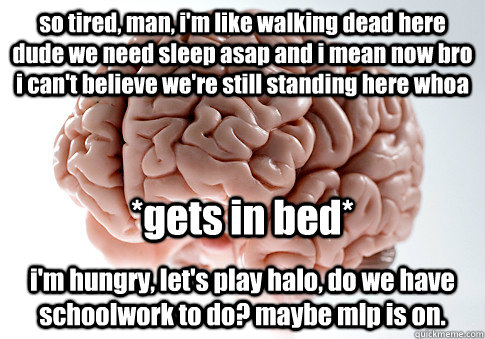 so tired, man, i'm like walking dead here dude we need sleep asap and i mean now bro i can't believe we're still standing here whoa i'm hungry, let's play halo, do we have schoolwork to do? maybe mlp is on. *gets in bed*  Scumbag Brain