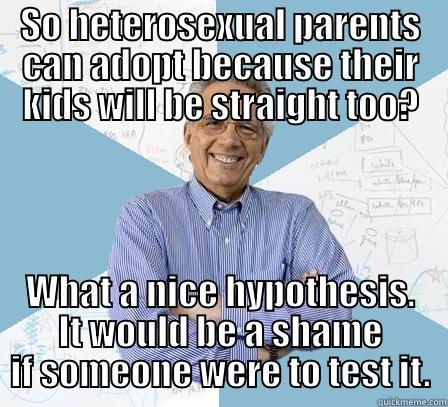 SO HETEROSEXUAL PARENTS CAN ADOPT BECAUSE THEIR KIDS WILL BE STRAIGHT TOO? WHAT A NICE HYPOTHESIS. IT WOULD BE A SHAME IF SOMEONE WERE TO TEST IT. Engineering Professor