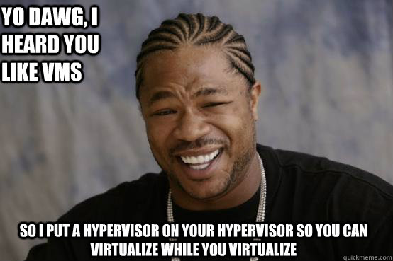 yo dawg, i heard you like VMs so i put a hypervisor on your hypervisor so you can virtualize while you virtualize  YO DAWG