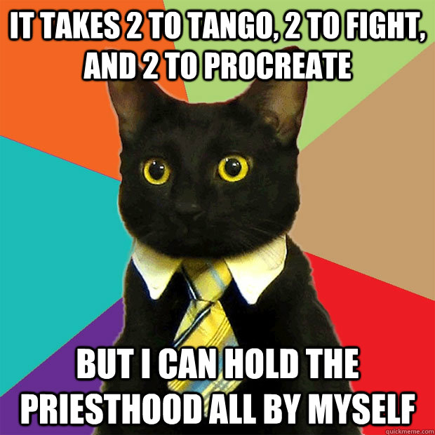 It takes 2 to tango, 2 to fight, and 2 to procreate but i can hold the priesthood all by myself   Business Cat