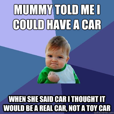 mummy told me i could have a car
 when she said car i thought it would be a real car, not a toy car  Success Kid