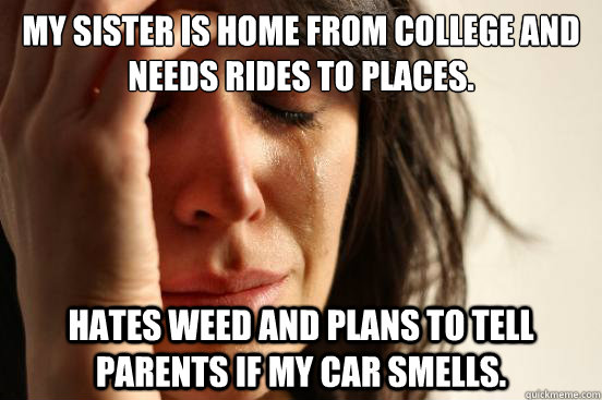 My sister is home from college and needs rides to places. Hates weed and plans to tell parents if my car smells.  First World Problems