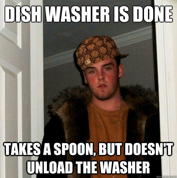 Dish washer is done takes a spoon, but doesn't unload the washer  Scumbag Steve