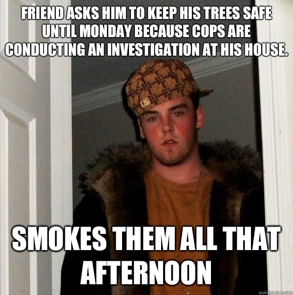 Friend asks him to keep his trees safe until Monday because cops are conducting an investigation at his house. Smokes them all that afternoon  Scumbag Steve