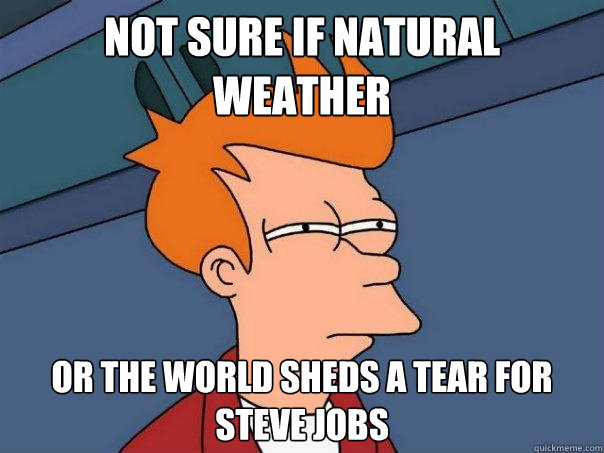 not sure if natural weather or the world sheds a tear for Steve Jobs  Futurama Fry