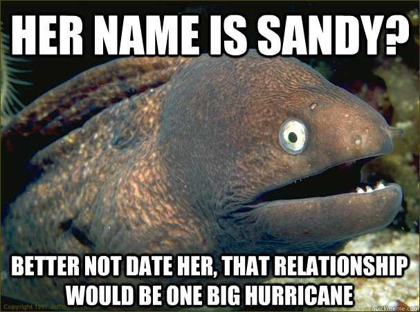 HER NAME IS SANDY? BETTER NOT DATE HER, THAT RELATIONSHIP WOULD BE ONE BIG HURRICANE - HER NAME IS SANDY? BETTER NOT DATE HER, THAT RELATIONSHIP WOULD BE ONE BIG HURRICANE  Bad Joke Eel