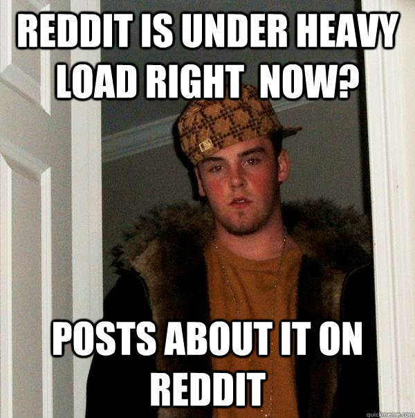 reddit is under heavy load right  now? posts about it on reddit  Scumbag Steve