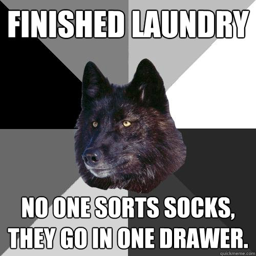 Finished Laundry No one sorts socks, they go in one drawer.   Sanity Wolf