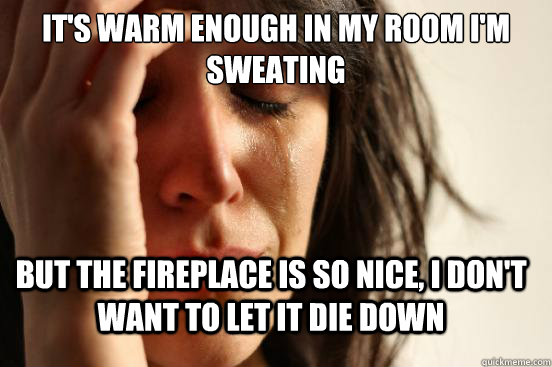 It's warm enough in my room I'm sweating but the fireplace is so nice, I don't want to let it die down - It's warm enough in my room I'm sweating but the fireplace is so nice, I don't want to let it die down  First World Problems