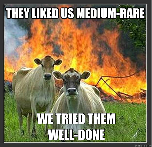 They liked us medium-rare We tried them 
well-done  Evil cows