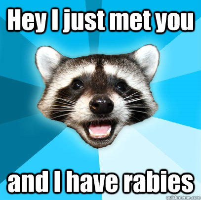 Hey I just met you and I have rabies    Lame Pun Coon