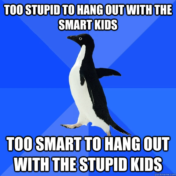 Too stupid to hang out with the smart kids Too smart to hang out with the stupid kids  Socially Awkward Penguin