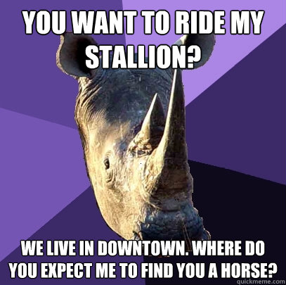 you want to ride my stallion? We live in downtown. Where do you expect me to find you a horse?  Sexually Oblivious Rhino