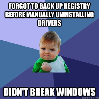 Forgot to back up registry before manually uninstalling drivers Didn't break Windows - Forgot to back up registry before manually uninstalling drivers Didn't break Windows  Success Kid