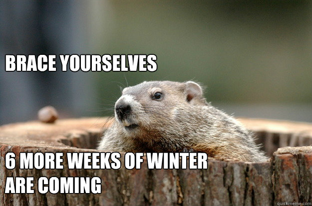 Brace Yourselves



6 more weeks of winter are coming - Brace Yourselves



6 more weeks of winter are coming  Imminent Groundhog