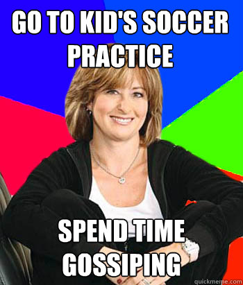 go to kid's soccer practice spend time gossiping  Sheltering Suburban Mom