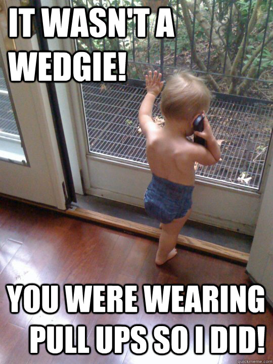 It wasn't a wedgie! You were wearing pull ups so I did!  Tough Love Baby