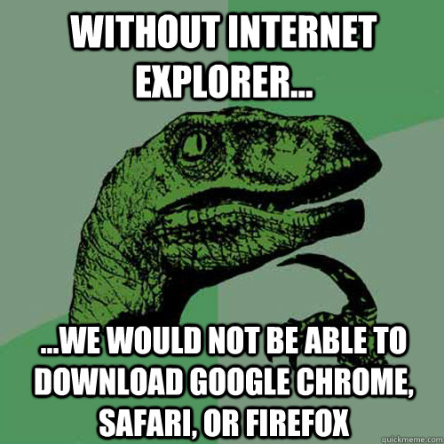 without internet explorer... ...we would not be able to download google chrome, safari, or firefox  Philosoraptor