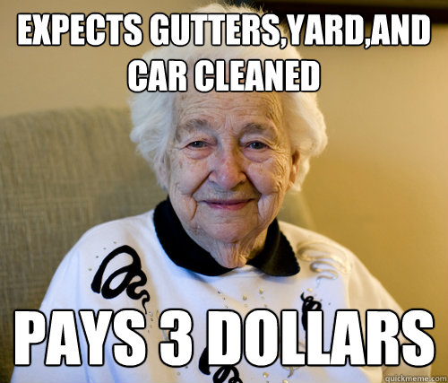 Expects gutters,yard,and car cleaned pays 3 dollars  Scumbag Grandma