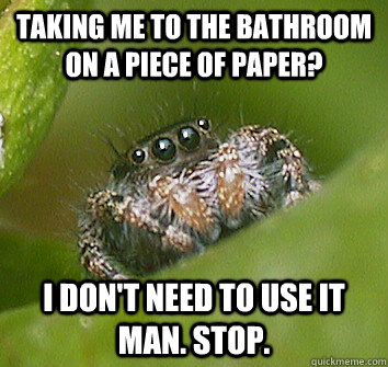 Taking me to the bathroom on a piece of paper? I don't need to use it man. Stop. - Taking me to the bathroom on a piece of paper? I don't need to use it man. Stop.  Misunderstood Spider