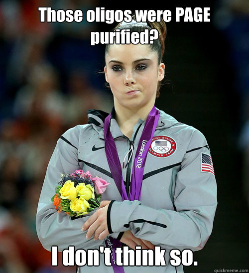 Those oligos were PAGE purified? I don't think so.  McKayla Not Impressed