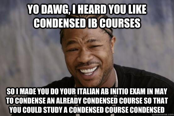 Yo Dawg, I heard you like condensed IB courses So I made you do your Italian ab initio exam in May to condense an already condensed course so that you could study a condensed course condensed  YO DAWG