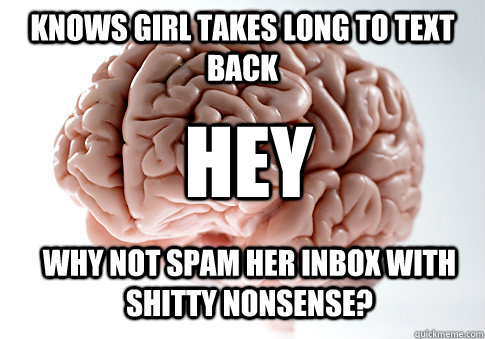 Knows girl takes long to text back why not spam her inbox with shitty Nonsense? HEY  Scumbag Brain