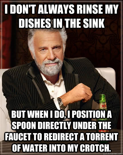 I don't always rinse my dishes in the sink but when I do, I position a spoon directly under the faucet to redirect a torrent of water into my crotch.  The Most Interesting Man In The World