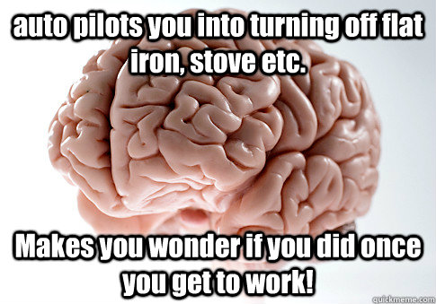 auto pilots you into turning off flat iron, stove etc.  Makes you wonder if you did once you get to work!   Scumbag Brain