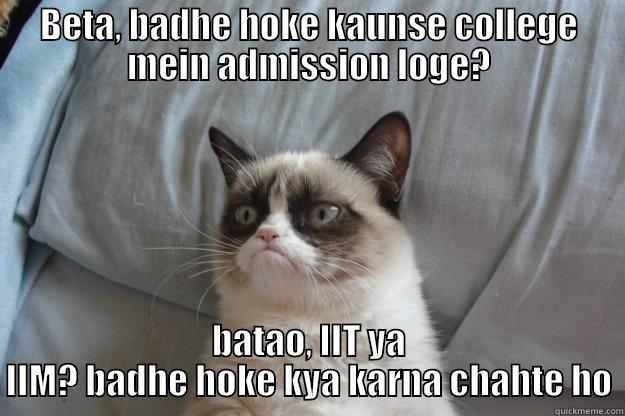 BETA, BADHE HOKE KAUNSE COLLEGE MEIN ADMISSION LOGE? BATAO, IIT YA IIM? BADHE HOKE KYA KARNA CHAHTE HO Grumpy Cat