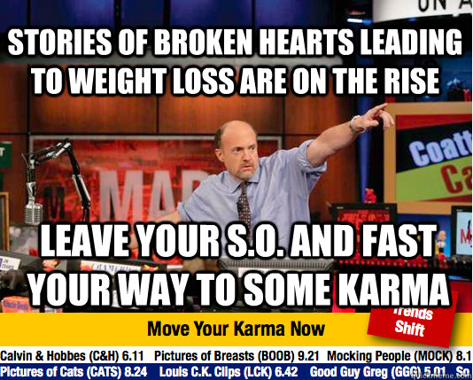 stories of broken hearts leading to weight loss are on the rise Leave your S.o. and fast your way to some karma  Mad Karma with Jim Cramer