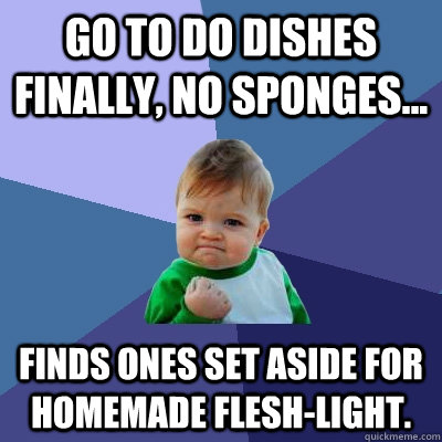 Go to do dishes finally, no sponges... Finds ones set aside for homemade flesh-light.  Success Kid