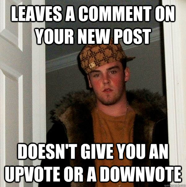 leaves a comment on your new post doesn't give you an upvote or a downvote - leaves a comment on your new post doesn't give you an upvote or a downvote  Scumbag Steve