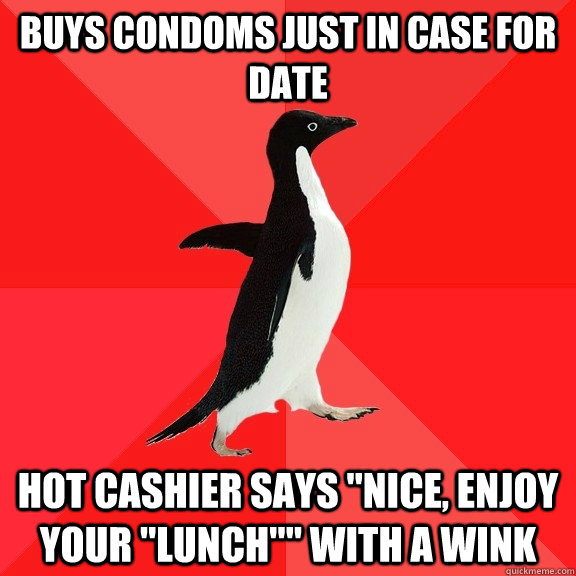 Buys condoms just in case for date Hot cashier says 