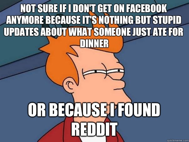 Not sure if I don't get on Facebook anymore because it's nothing but stupid updates about what someone just ate for dinner Or because I found reddit  Futurama Fry