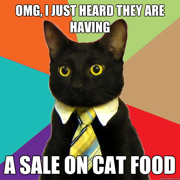 OMG, I just heard they are having  a sale on cat food  Business Cat